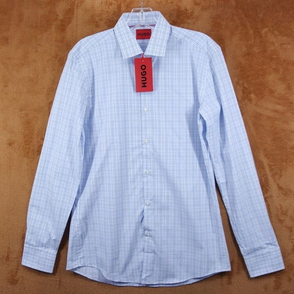 HUGO BOSS Shirt Mens 15 38 Blue Check Plaid  Button Up Slim Fit KENNO $128